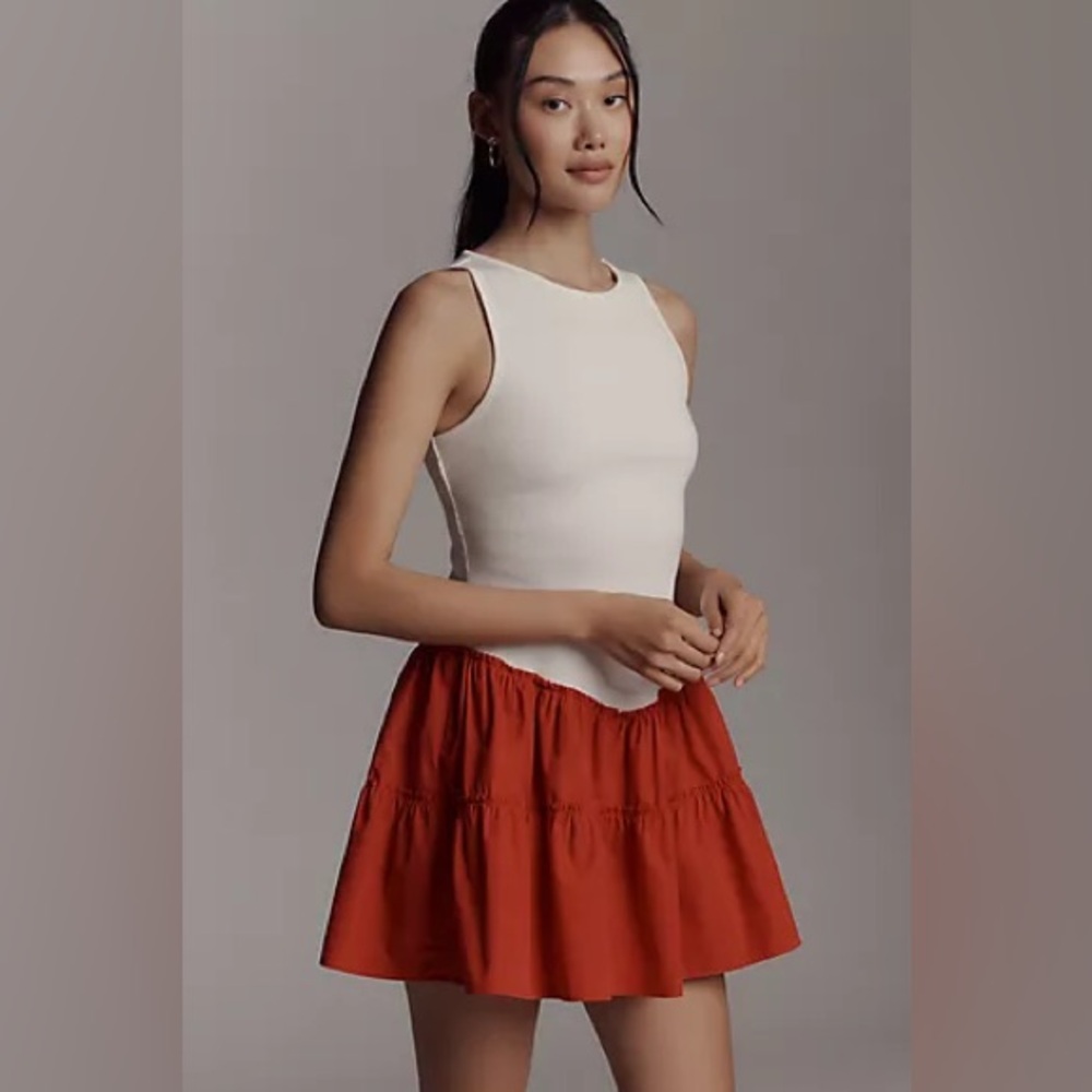 Anthropologie Cream Bodice Rust Red Tiered Mini Dress